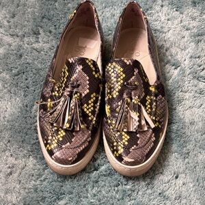 Franco Sarto Yellow and Black Snakeskin Loafers
